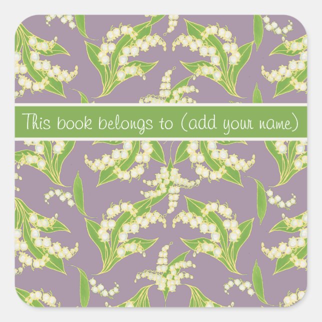 Pretty Bookplates: Lilies of the Valley, Mauve Square Sticker (Front)