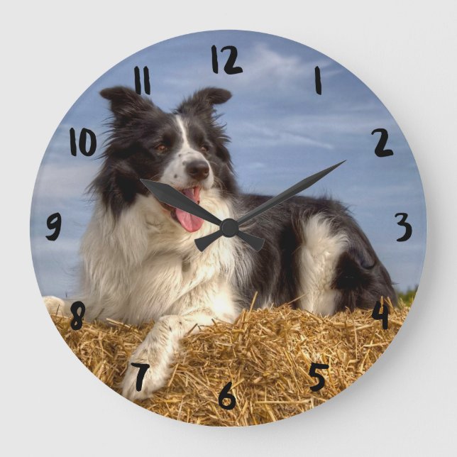 Pretty Border Collie on Straw Bale Clock (Front)