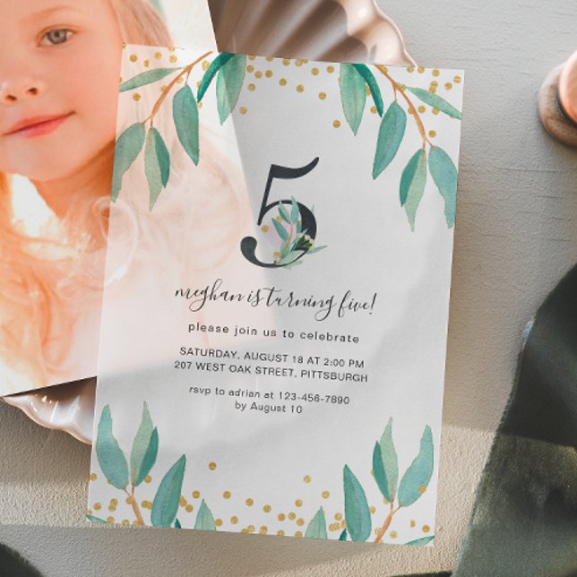 Pretty Botanical 5th Birthday Party  Vellum Invitations (Creator Uploaded)