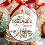Pretty Botanical Christmas Foliage Classic Round Sticker<br><div class="desc">Pretty watercolor Christmas greenery botanical pine branches and foliage,  personalised holiday stickers. Just add your last name in the personalise area.</div>
