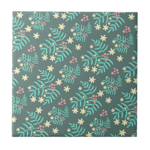 Pretty Botanical Leaves and Berries Blue Pattern Ceramic Tile