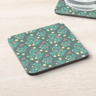 Pretty Botanical Leaves and Berries Blue Pattern Coaster