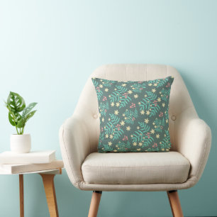 Pretty Botanical Leaves and Berries Blue Pattern Cushion