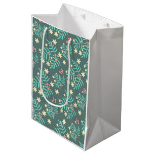 Pretty Botanical Leaves and Berries Blue Pattern Medium Gift Bag