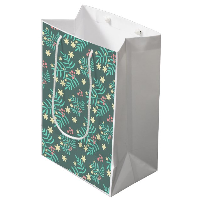 Pretty Botanical Leaves and Berries Blue Pattern Medium Gift Bag (Front Angled)