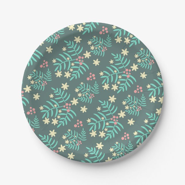 Pretty Botanical Leaves and Berries Blue Pattern Paper Plate (Front)