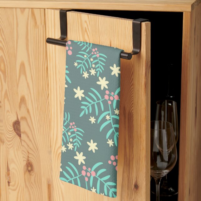 Pretty Botanical Leaves and Berries Blue Pattern Tea Towel (Thirds Fold)