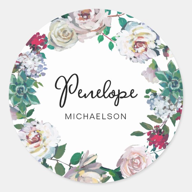 Pretty Botanical Succulent Floral Wreath with Name Classic Round Sticker (Front)
