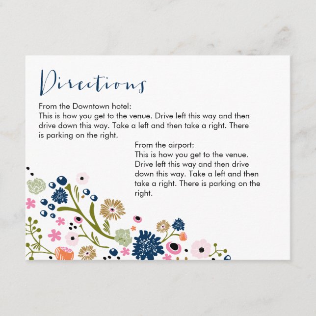 Pretty Bouquet Floral Directions Info Card Navy (Front)