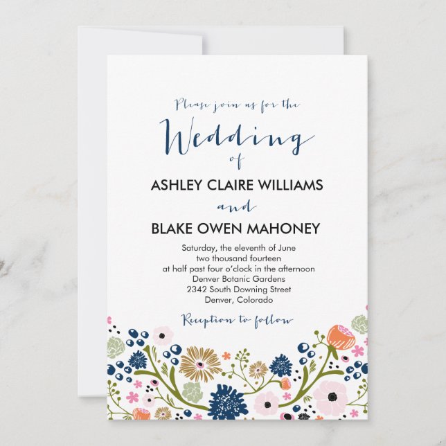 Pretty Bouquet Floral Wedding Invitation Navy (Front)