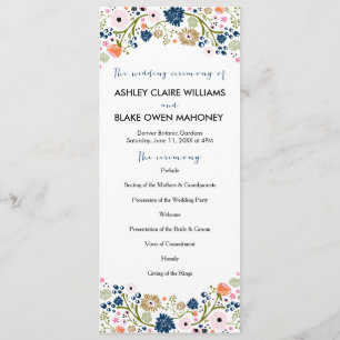 Pretty Bouquet Floral Wedding Program Navy