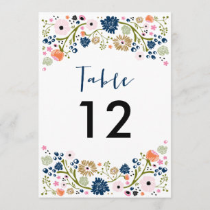 Pretty Bouquet Wedding Table Number Invite Navy