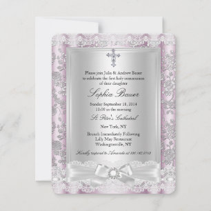 Pretty Bow Cross First Communion pink 3 Invitation