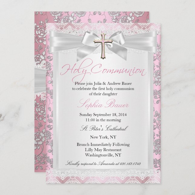 Pretty Bow Cross First Communion Pink Invitation (Front/Back)