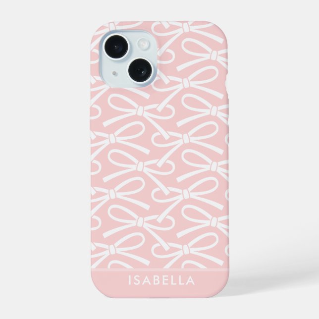 Pretty Bow Custom Name Pink iPhone 15 Case (Back)