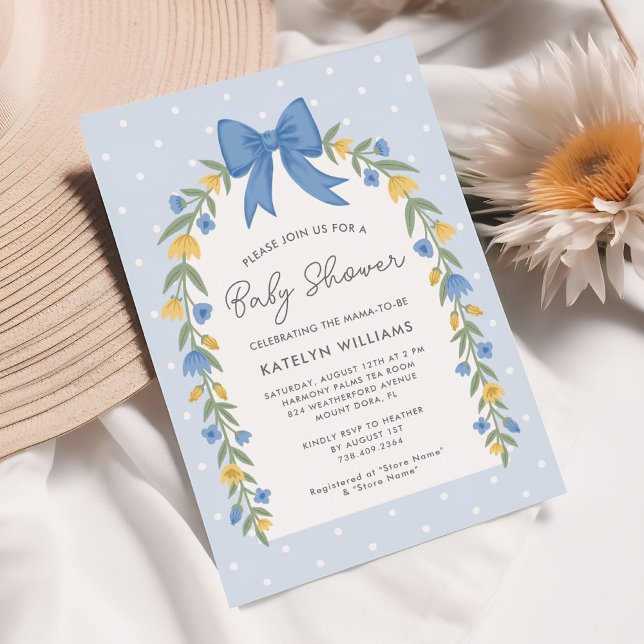 Pretty Bow Floral Baby Shower Blue Invitation (Creator Uploaded)