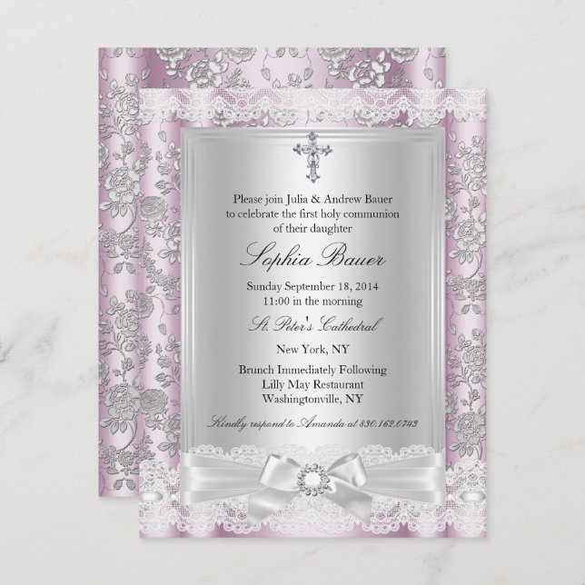Pretty Bow pink Holy Communion 3 Invitation (Front/Back)