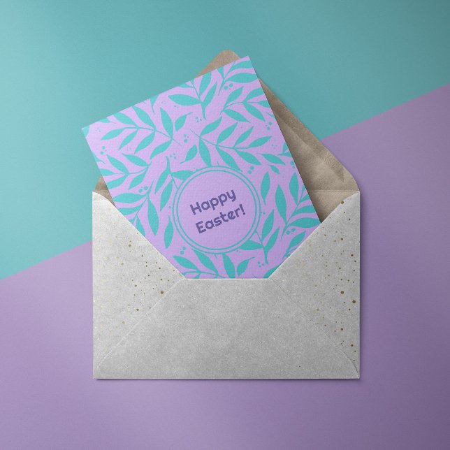 Pretty branches turquoise and violet happy easter holiday card (Creator Uploaded)
