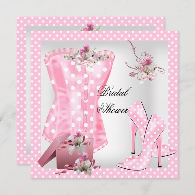Pretty Bridal Shower White Pink Corset Polka Dots Invitation (Front/Back)