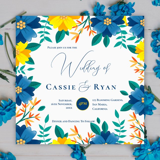 Pretty Bright Blue Yellow Floral Romantic Wedding Invitation (Pretty Bright Blue Yellow Floral Romantic Wedding Invitation)