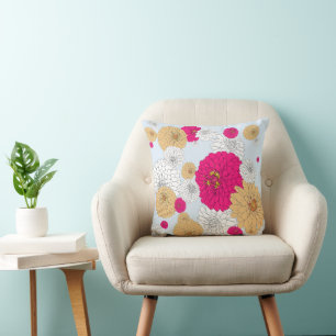 Pretty Bright Floral Pillow Pink Tan Blue