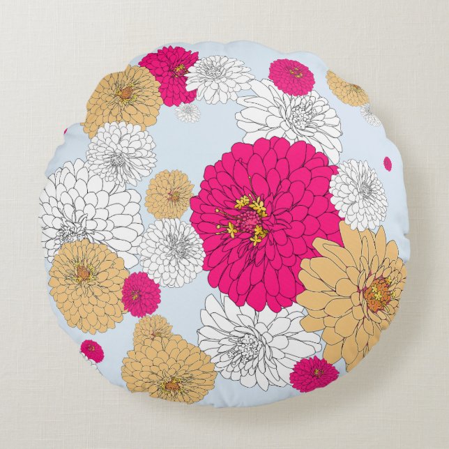 Pretty Bright Floral Pillow Pink Tan Blue  (Front)