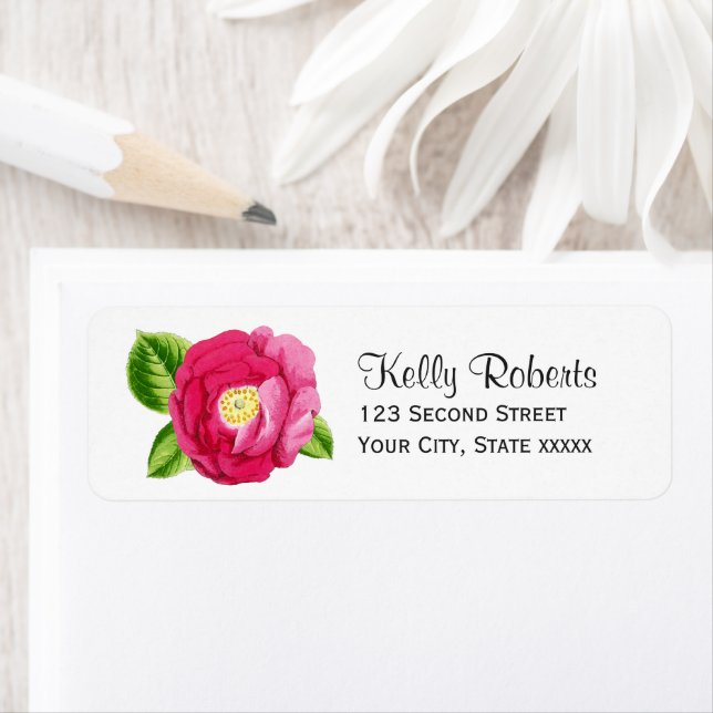 Pretty Bright Pink Rose Floral Return Address Label (Insitu)