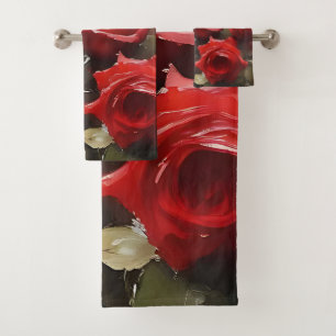 Pretty bright red roses garden watercolor painting bath towel set