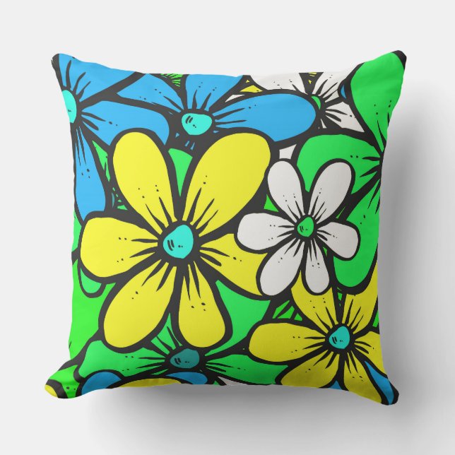 Pretty Bright Summer Flowers Blue Yellow and Green Cushion (Front)