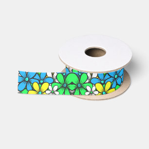 Pretty Bright Summer Flowers Blue Yellow and Green Satin Ribbon
