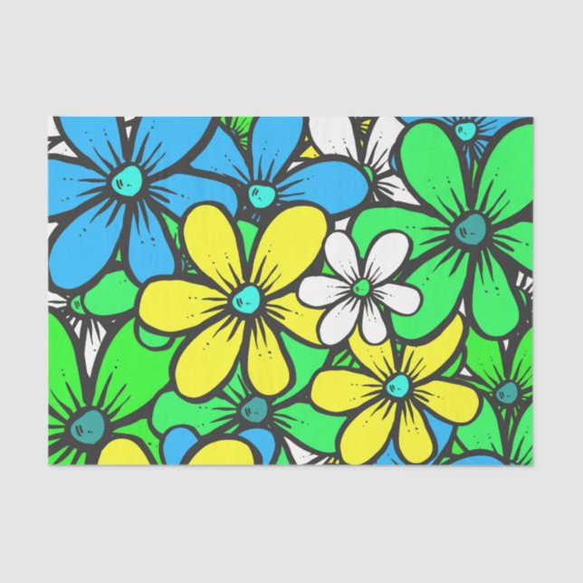 Pretty Bright Summer Flowers Blue Yellow and Green Tissue Paper (Front)
