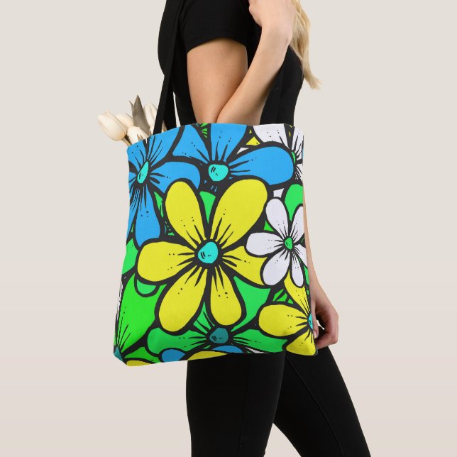 Pretty Bright Summer Flowers Blue Yellow and Green Tote Bag (Close Up)