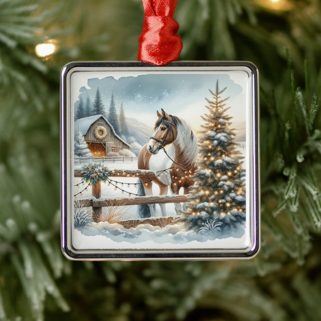 Pretty Brown and White Horse Festive Christmas   Metal Ornament (Tree)