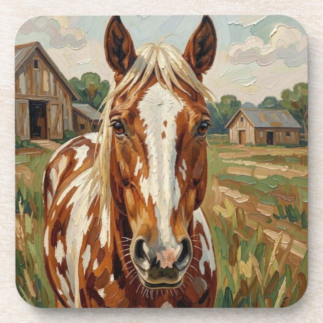 Pretty Brown and White Horse on a Rustic Farm Coaster (Front)