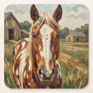 Pretty Brown and White Horse on a Rustic Farm Square Paper Coaster