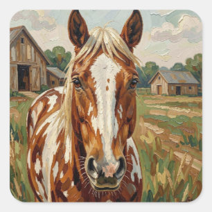 Pretty Brown and White Horse on a Rustic Farm Square Sticker