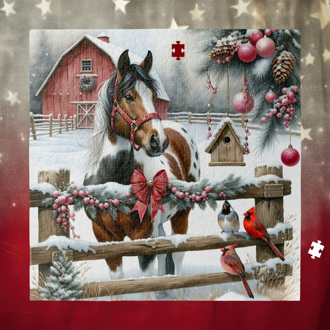 Pretty Brown and White Horse Rustic Farm Christmas Jigsaw Puzzle (Creator Uploaded)