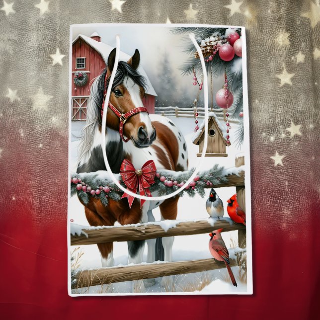 Pretty Brown and White Horse Rustic Farm Christmas Medium Gift Bag (Creator Uploaded)