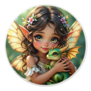 Pretty Brown Eyed Fairy and Dragon Ceramic Knob