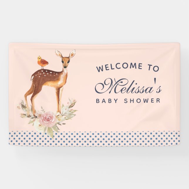 Pretty Brown Fawn with Bird and Roses Baby Shower Banner (Horizontal)