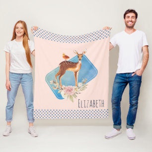 Pretty Brown Fawn with Bird and Roses Fleece Blanket