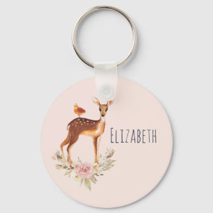 Pretty Brown Fawn with Bird and Roses Key Ring
