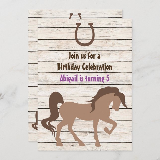 Pretty Brown Horse and Barn Wood Girl's Birthday Invitation (Front/Back)