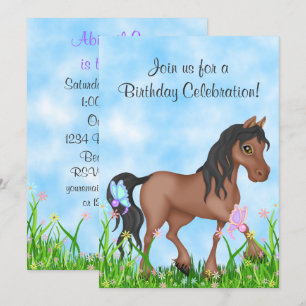 Pretty Brown Horse and Butterflies Birthday Invitation
