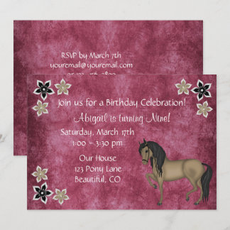 Pretty Brown Horse and Flowers Birthday Invitation
