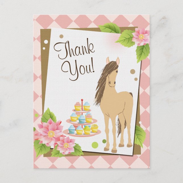 Pretty Brown Horse and Pink Flowers Thank You Postcard (Front)