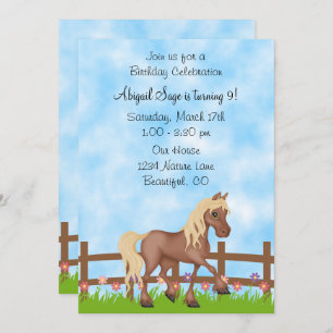 Pretty Brown Horse, Fence and Flowers Birthday Invitation