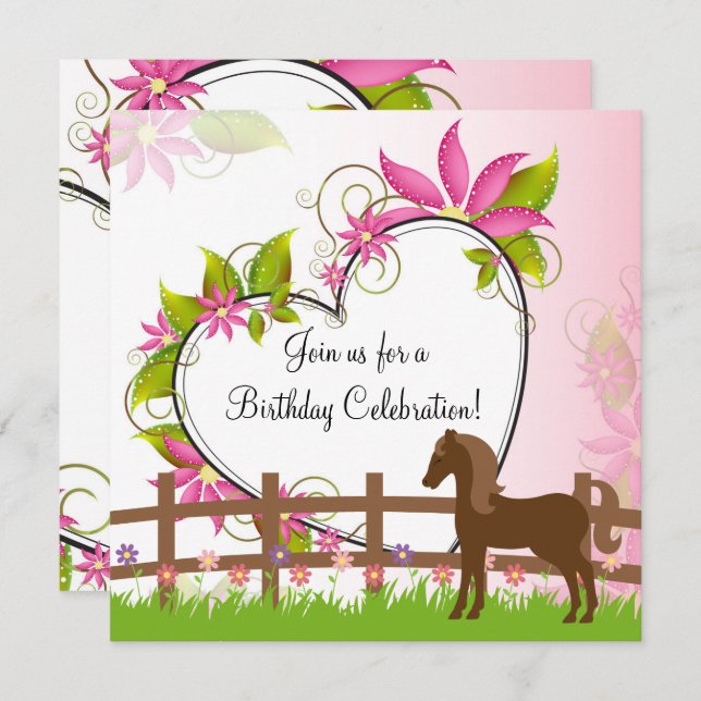 Pretty Brown Horse, Flowers and Heart Birthday Invitation (Front/Back)