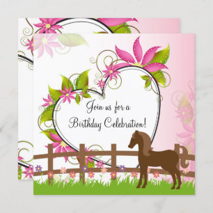 Pretty Brown Horse, Flowers and Heart Birthday Invitation