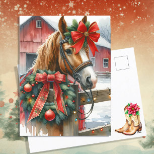 Pretty Brown Horse in Red Bow Christmas Holiday Postcard